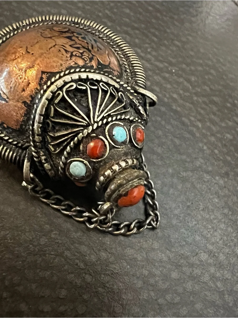 Handcrafted Copper and Silver Pendant with Turquoise and Coral Accents